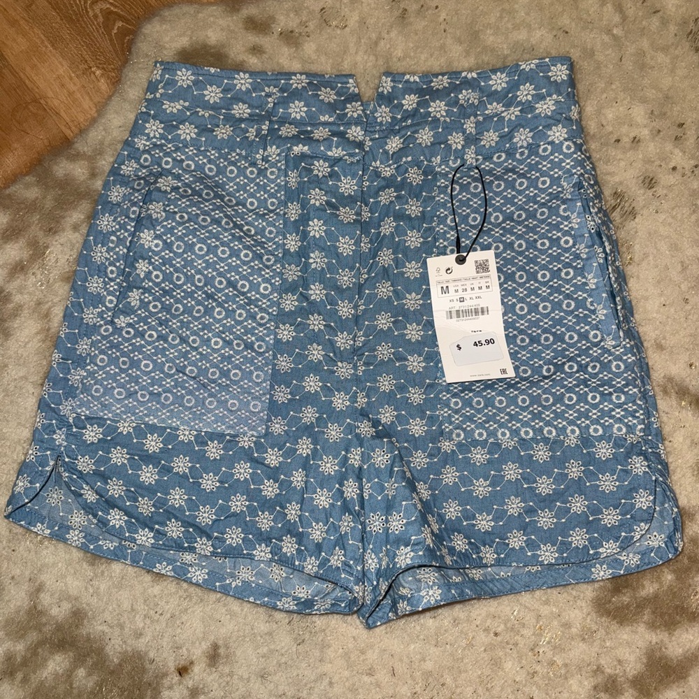 Zara Light Blue Floral High-Waist Women’s Shorts